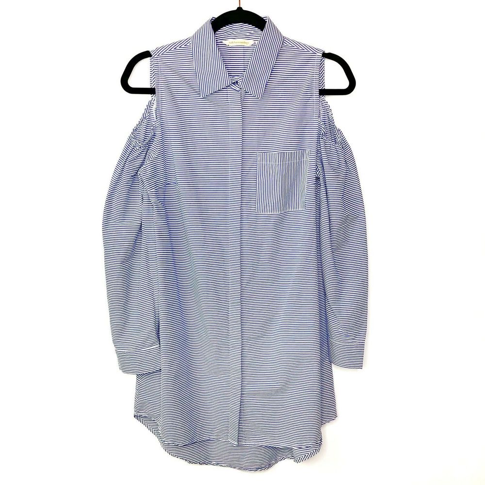 Soft Surroundings Bristol Striped Cold Shoulder Tunic Top Blue White Size Small